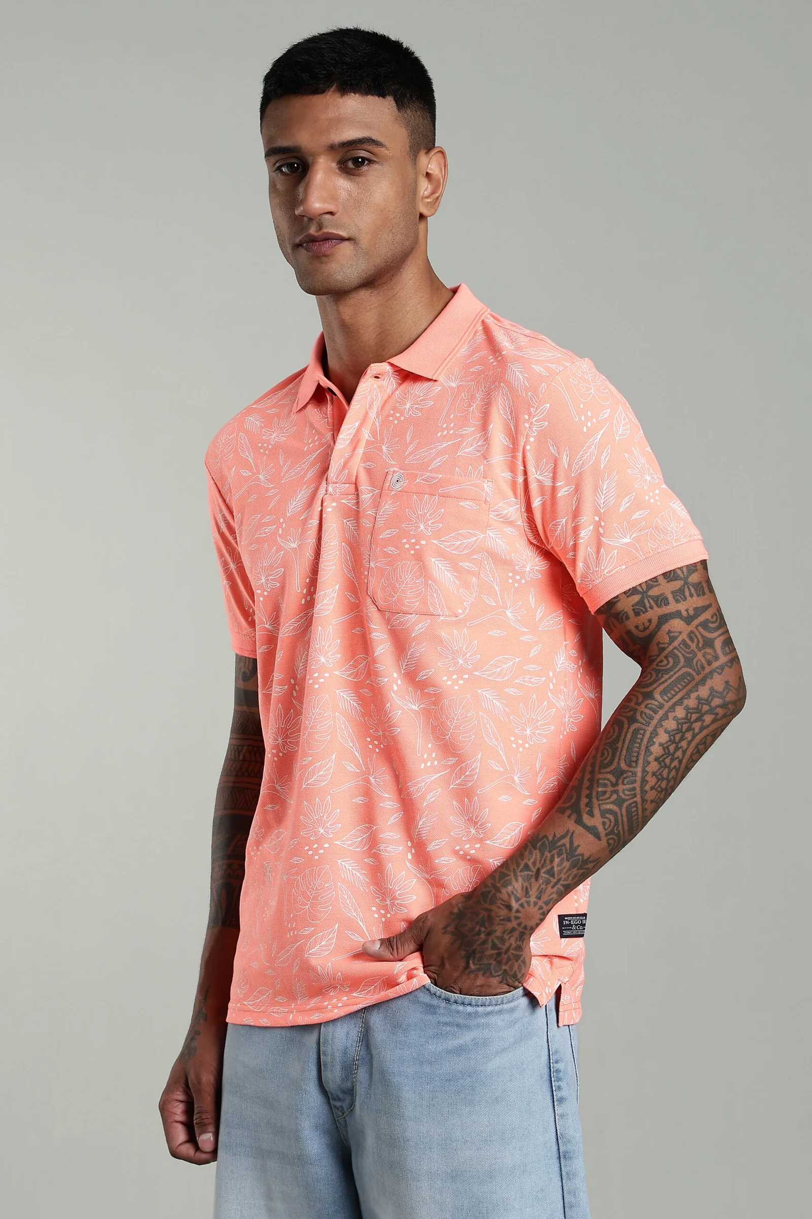 Men’s Cotton-Rich Pique AOP Polo T-Shirt with Leaf Print & HD Pocket Logo, view 1 of 11