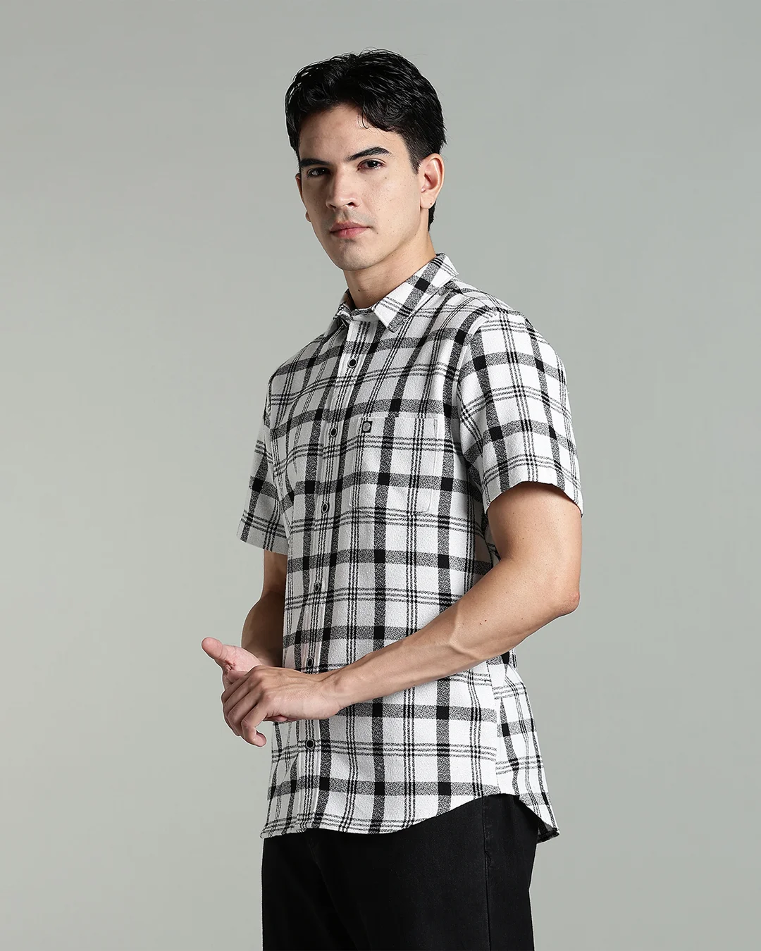 Men’s Premium Cotton Dobby Check Short Sleeve Shirt – Black & White, view 1 of 9