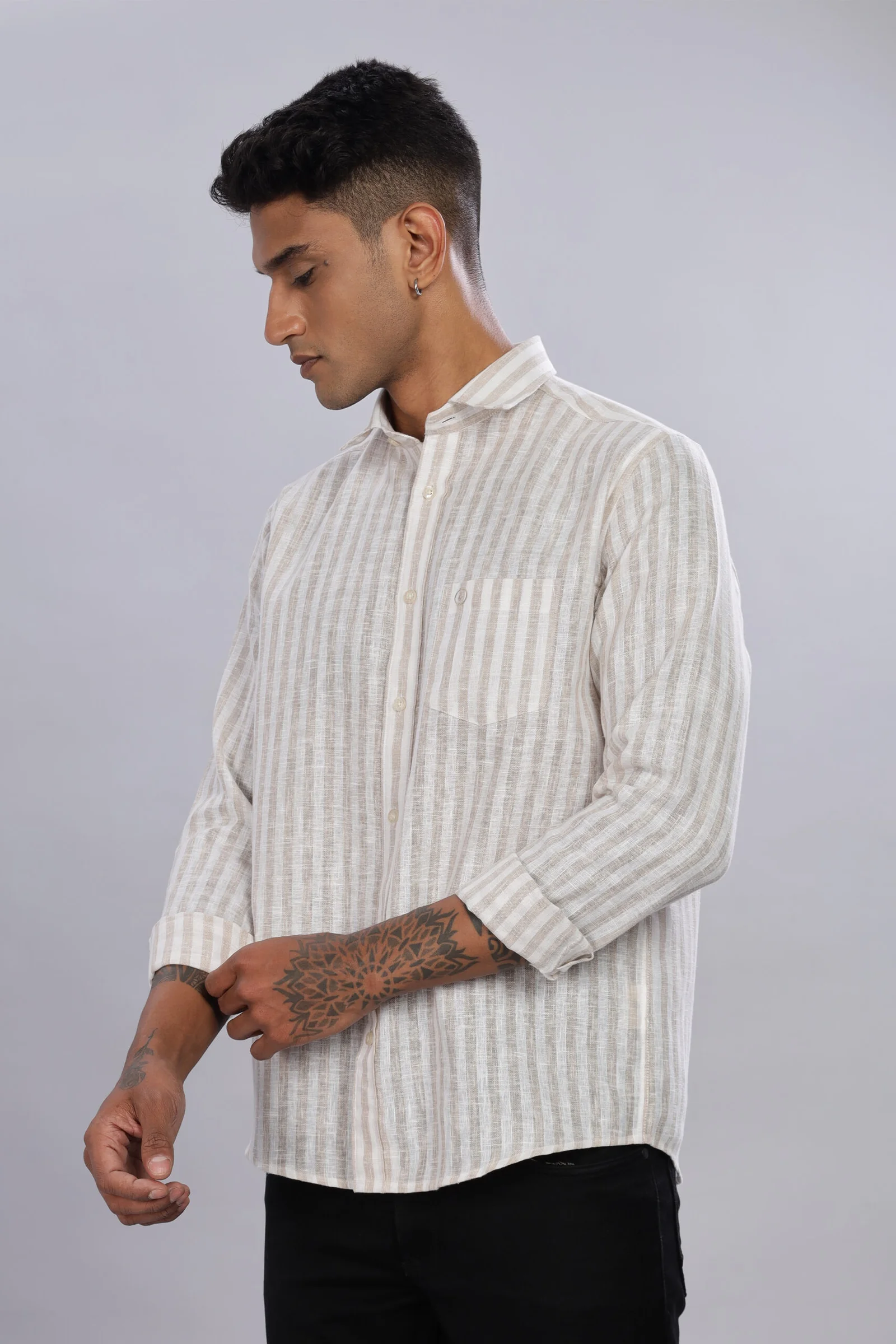 Men’s Premium Linen-Stripe Cotton Long Sleeve Shirt with Pocket Embroidery – Ecru in ECRU, view 1 of 6