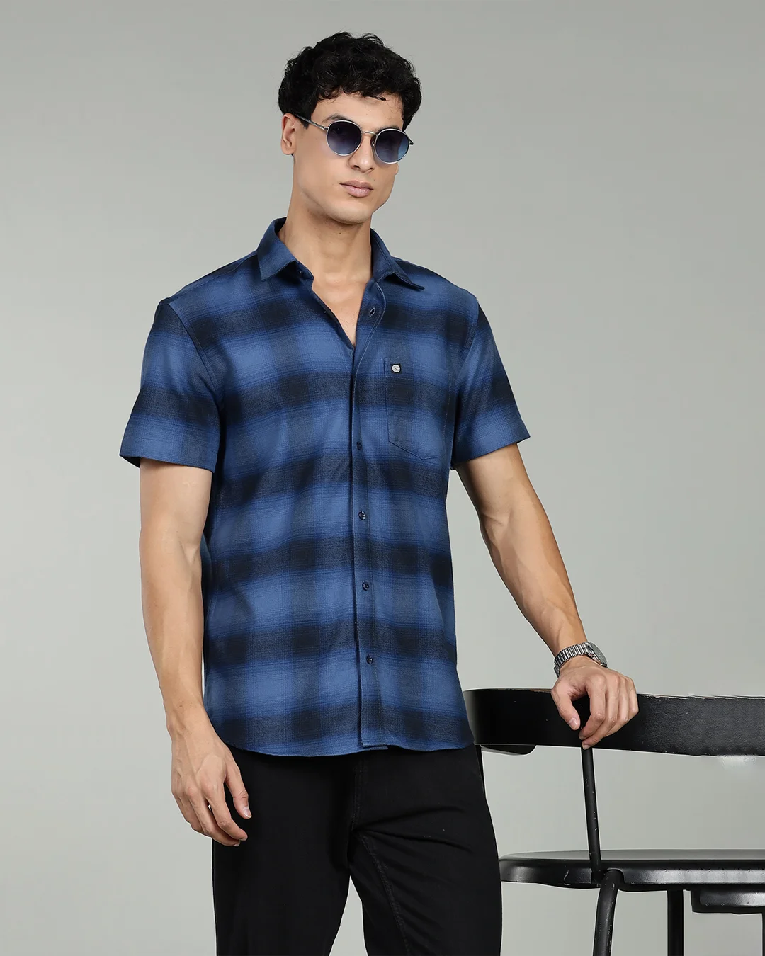 Men’s Premium Twill Checked Short Sleeve Cotton Shirt – Denim Blue in DENIM BLUE, view 1 of 5