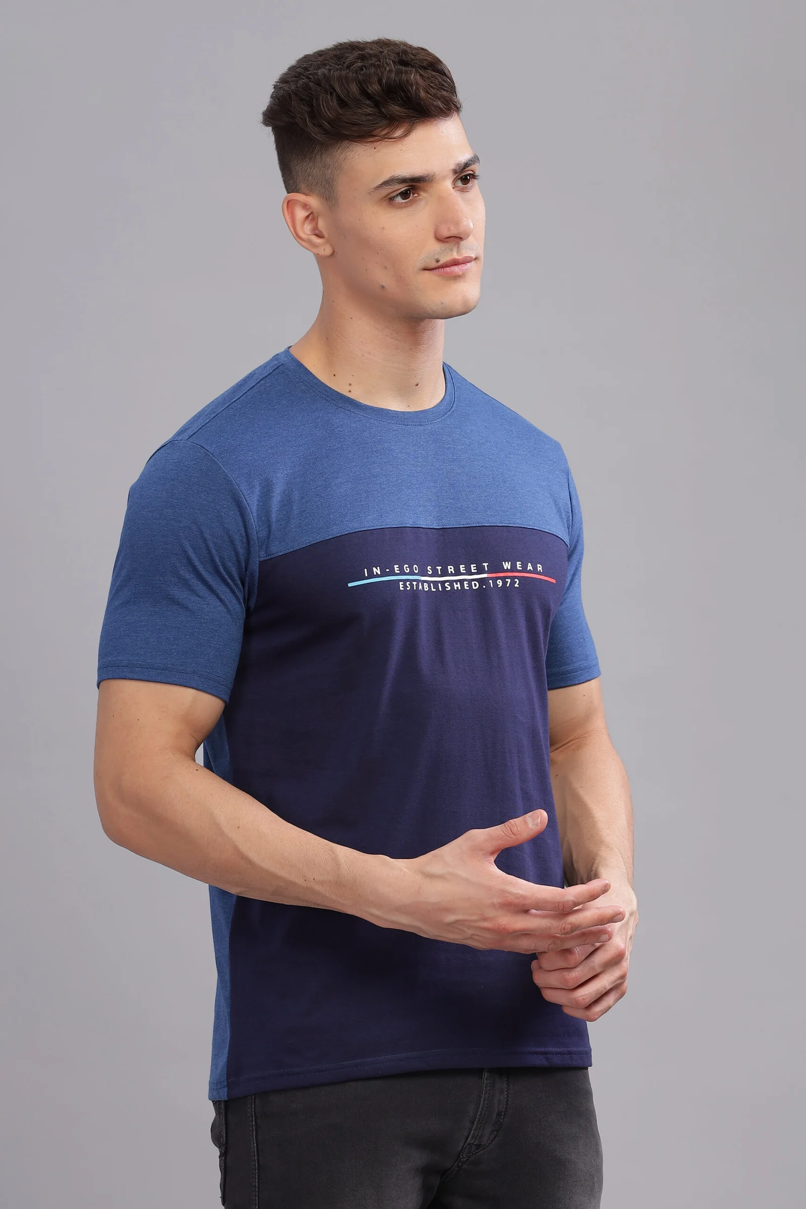 Men’s Cut & Sew Graphic Melange Round Neck T-Shirt, view 1 of 12