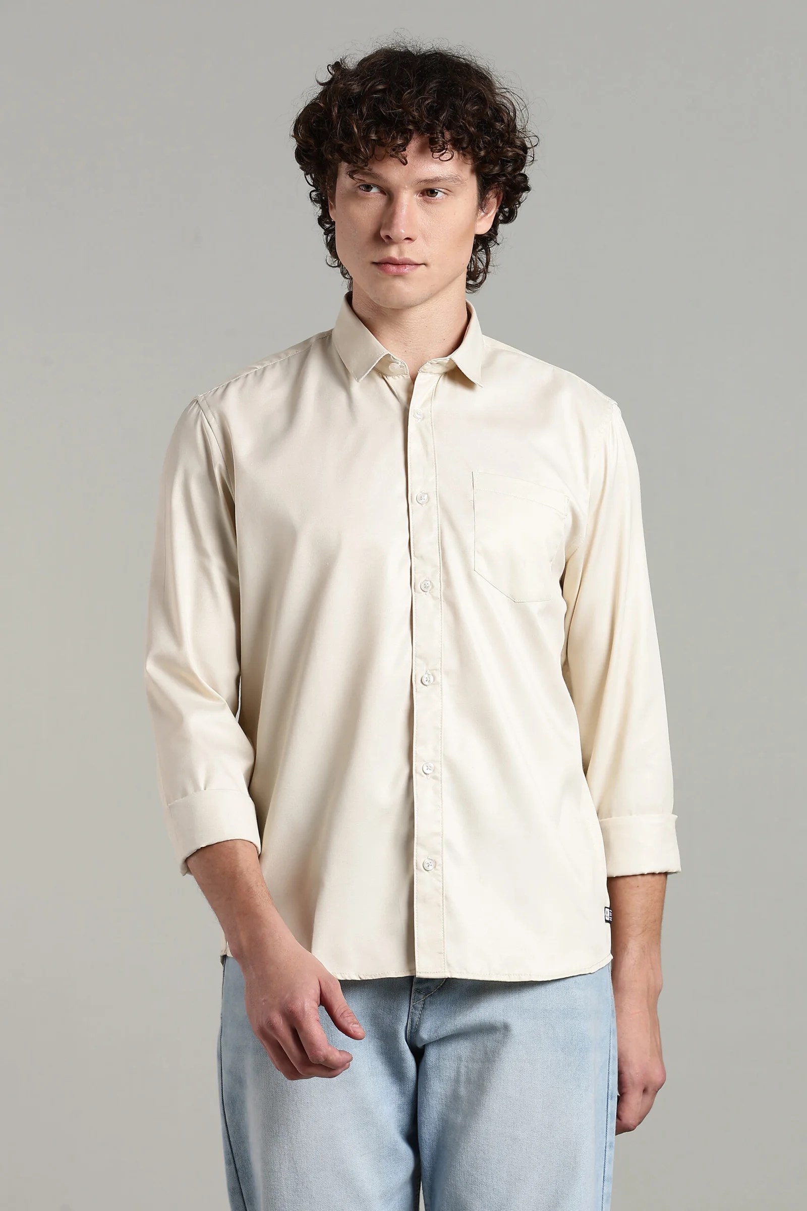 Men’s Cotton-Rich Twill Solid Long Sleeve Shirt – Violet & Beige, view 1 of 10