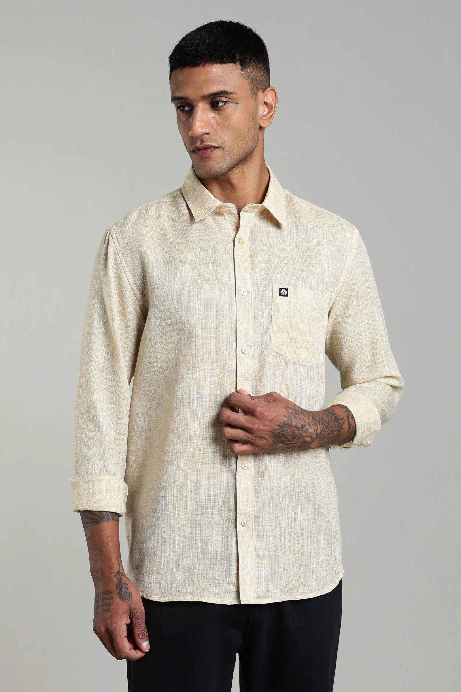 Men’s Linen Long Sleeve Shirt with Logo Detail – White & Yellow, view 1 of 10
