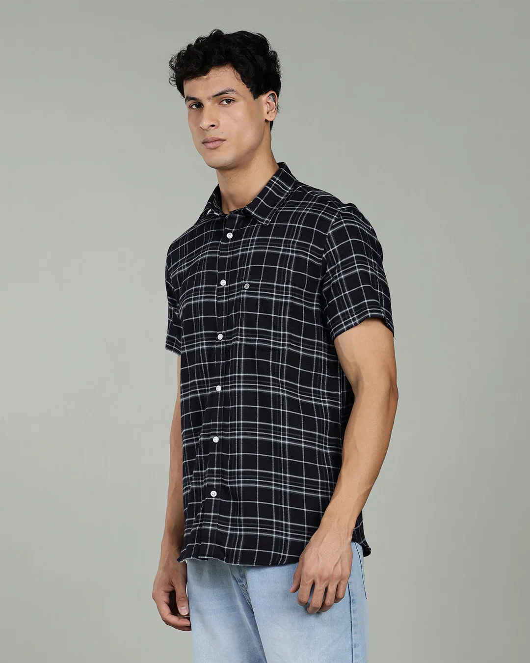 Men’s Fine Checked Cotton Short Sleeve Shirt – Navy in NAVY, view 1 of 6