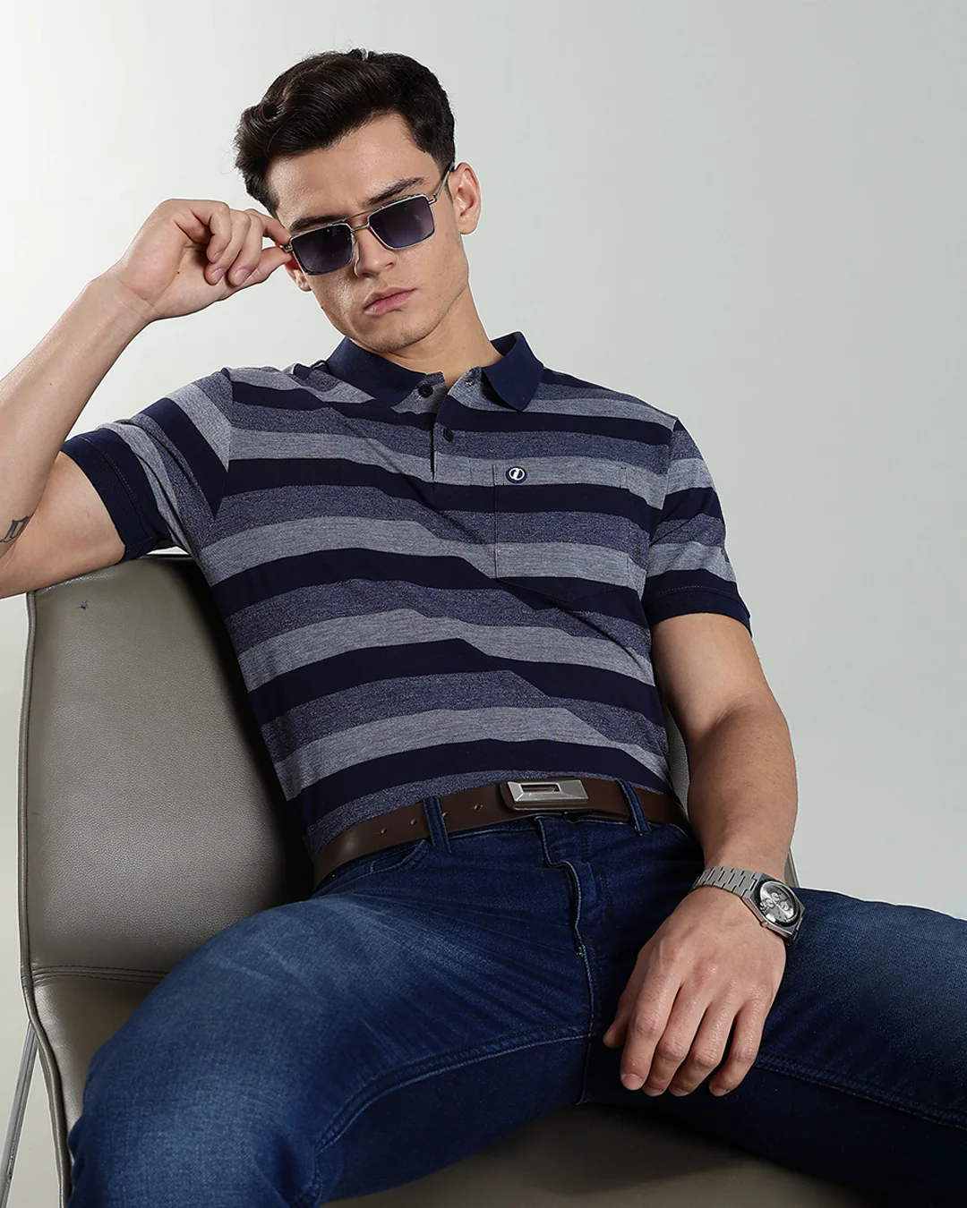 Men’s Striped Piqué Polo with Pocket Badge – Maroon & Navy, view 1 of 9