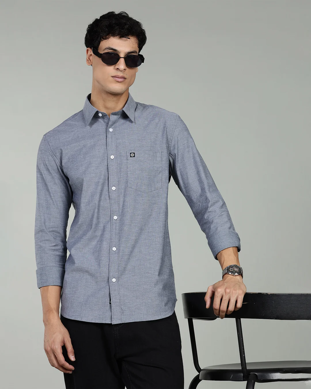 Men’s 100% Cotton Solid Chambray Long Sleeve Shirt – Navy in NAVY CHAMBRAY, view 1 of 5