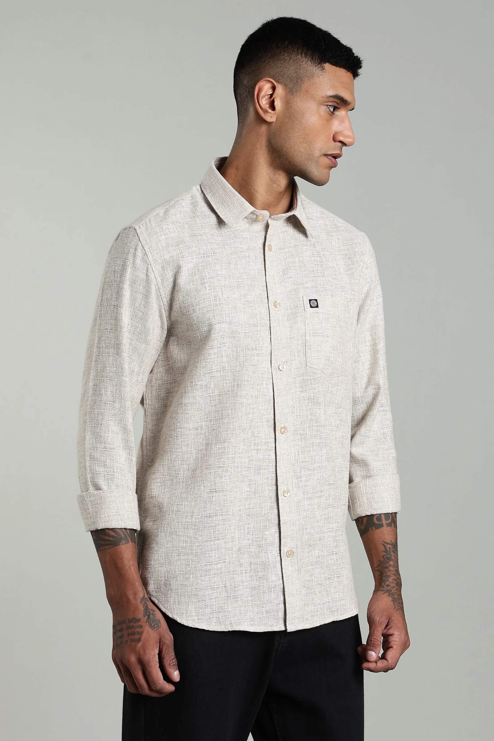 Men’s Premium Linen Long Sleeve Shirt with Logo Detail – Light & Dark Ecru, view 1 of 10