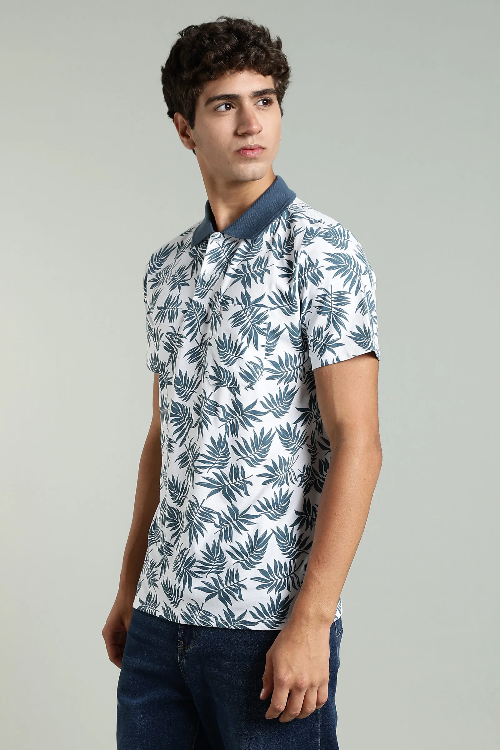 Men’s Cotton-Rich Leaf Print AOP Polo T-Shirt with HD Logo – White & Olive, view 1 of 11