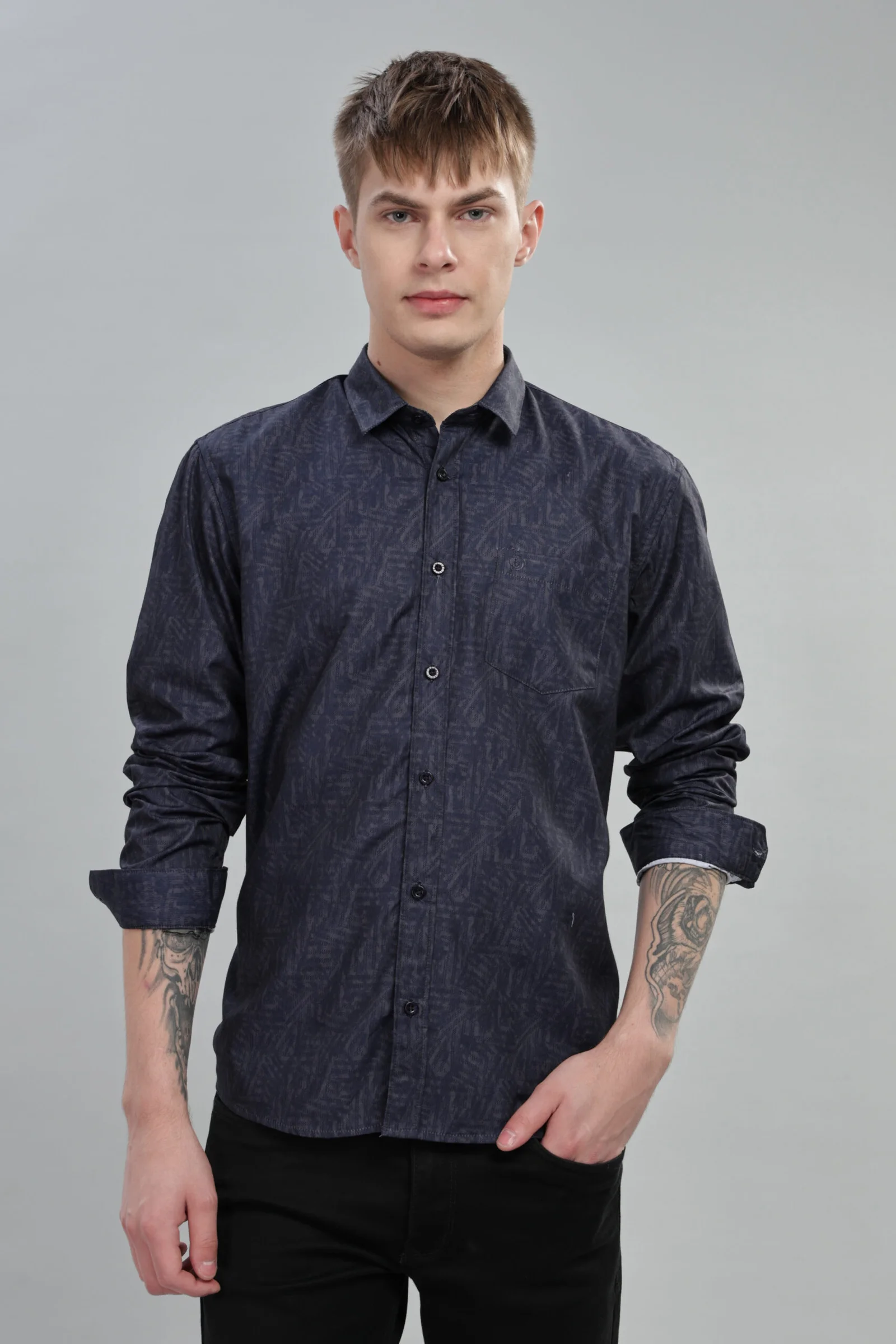 Men’s Cotton-Rich AOP Short Sleeve Shirt with Pocket Embroidery – Dark Navy in DEEP NAVY, view 1 of 7