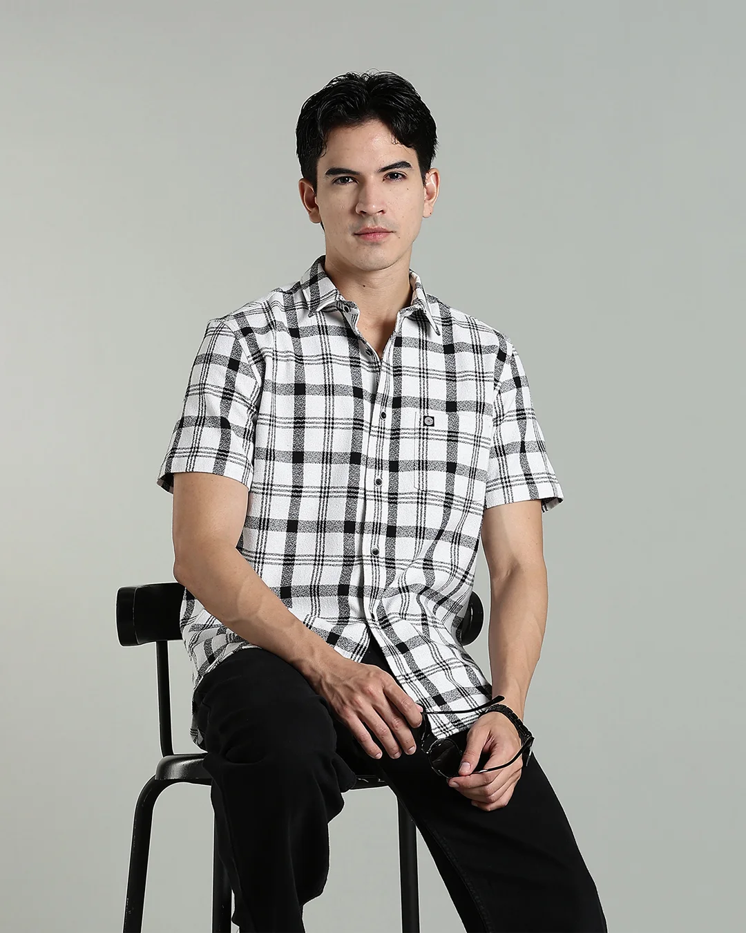 Men’s 100% Cotton Dobby Checked Short Sleeve Shirt – Black & White, view 1 of 9