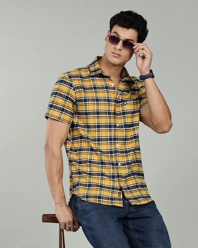 Men’s Premium Cotton Checked Short Sleeve Shirt – Mustard