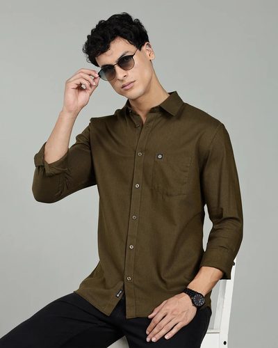 Men’s 100% Cotton Chambray Long Sleeve Shirt with Logo Detail – Olive