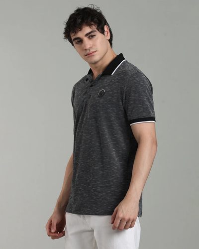 Men’s Luxury Slub Jacquard Polo T-Shirt with HD Chest Print & Contrast Tipping – Navy & Black