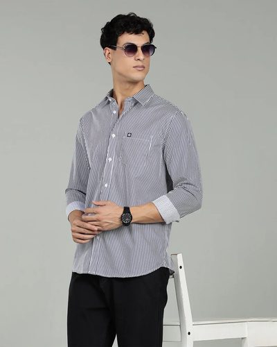 Men’s 100% Cotton Vertical Stripe Long Sleeve Shirt with Logo Detail – Navy