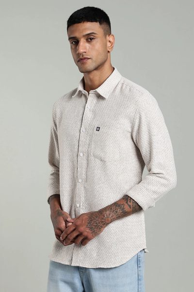 Men’s Premium Linen Long Sleeve Shirt – Ecru & Blue