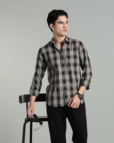 Men’s Cotton-Rich Checked Long Sleeve Shirt – Black & Beige