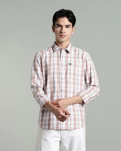 Men’s Cotton-Rich Checked Long Sleeve Shirt – Blue & Brown
