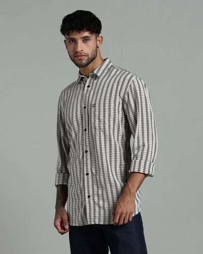 Men’s Cotton-Rayon Checked Long Sleeve Shirt with Logo Detail – Muted Beige