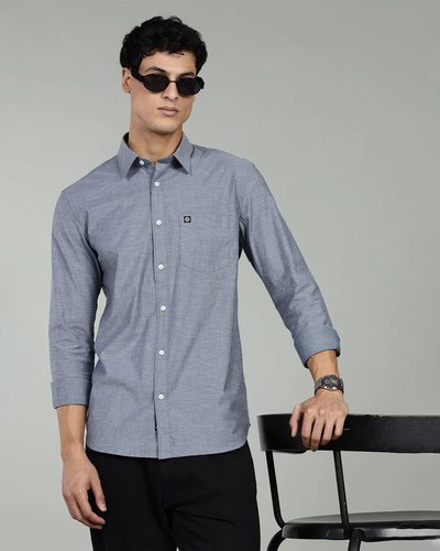 Men’s 100% Cotton Solid Chambray Long Sleeve Shirt – Navy