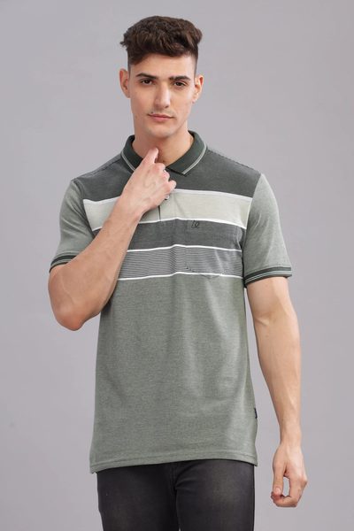 Men’s Striped Cotton Piqué Polo – Green Leaf & Clear Sky