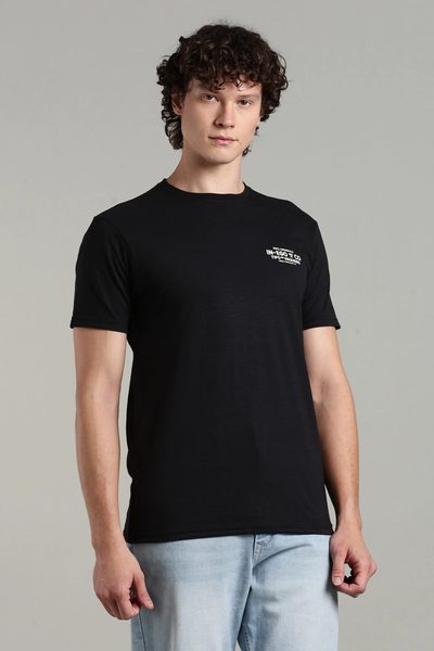 Men’s Cotton-Rich Printed Round Neck T-Shirt with HD Chest & Back Print – Black & Sea Shell