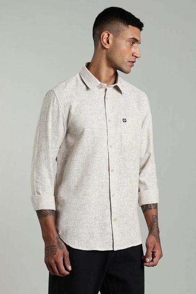 Men’s Premium Linen Long Sleeve Shirt with Logo Detail – Light & Dark Ecru
