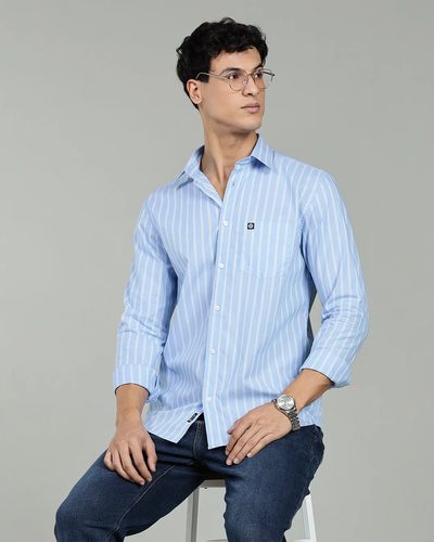 Men’s 100% Cotton Chambray Vertical Stripe Long Sleeve Shirt – Blue