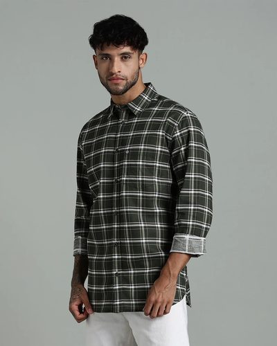Men’s 100% Cotton Checked Long Sleeve Shirt with Logo Detail – Green