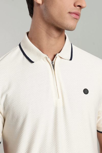 Men’s Premium Jacquard Polo T-Shirt with Metal Zipper & Contrast Tipping – Navy Blue & Seashell